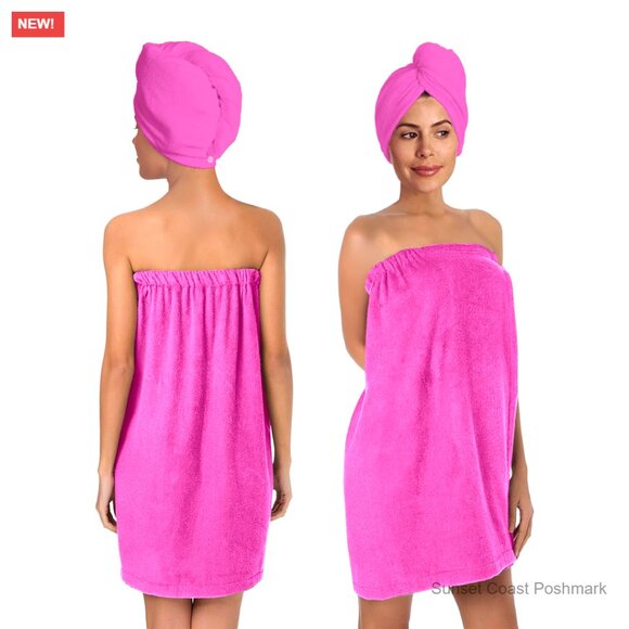 Spa Robe Wrap Set with Hair Turban Microfiber Absorbent Lounge Wear Adjustable